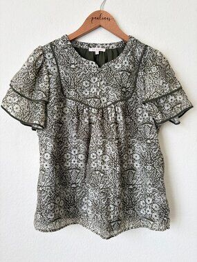Skies Are Blue Top Womens Small Green Floral Flutter Sleeve Peasant Blouse Boho